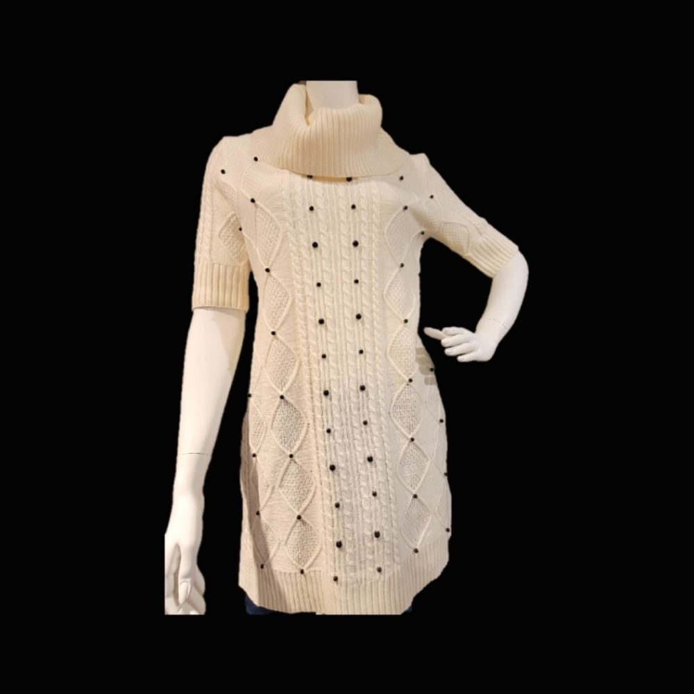 London Times Sweater, off white beads along front, size M